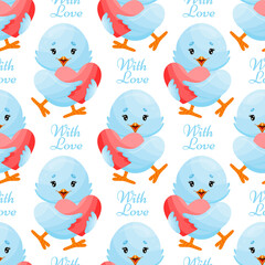Blue bird giving love heart seamless pattern. 