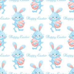 Blue Bunny With Easter Egg Seamless Pattern. 