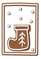 Boot for Christmas gifts in the form of gingerbread in a gingerbread frame on a transparent background. Vector. Svg. Print for the covers of printed products. Print for postcards.