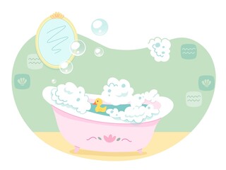 Childish bathroom modern interior design background. Washing in bath with soap, foam, toy duck and flying bubbles, mirror on wall. Everyday routine at home vector illustration