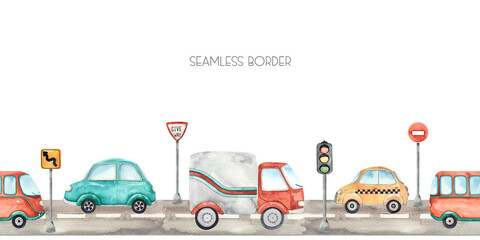 Watercolor children seamless border with cute urban and public land transport - 392205140