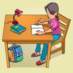 The girl is sitting across the table. He is about to write notes in his pen in his hand. There are books on the table and a desk lamp. Bag under the table.