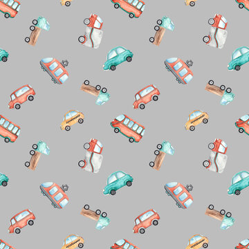 Watercolor children seamless pattern with cute urban and public land transport