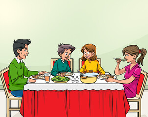 The family is eating together at the table.