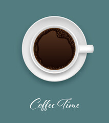 White coffee cup and saucer top view on gray-blue background