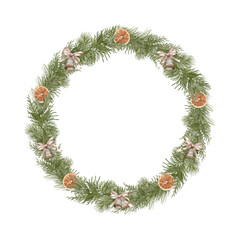 Fototapeta na wymiar Christmas Boho Wood Wreath With Pine Branches, Bells And Orange Slices