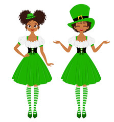 Young women wearing green hats and irish national dresses. Saint Patricks Day illustration
