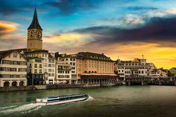 Fototapeta premium Limmat river in Zurich. Summer evening. Switzerland.