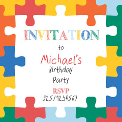 Puzzle pieces border frame. Square kids invitation template. Hand drawn vector illustration for children decor, kids party invite, birthday invitation. Editable greeting card design. 