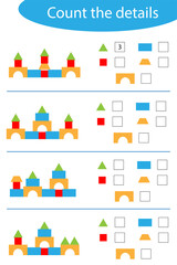 Count the details, colorful geometric shapes for children, fun education game for kids, preschool worksheet activity, task for the development of logical thinking, vector illustration