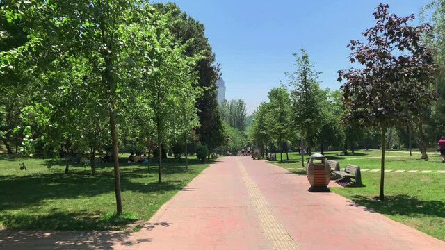 Footage of people walking and relaxing at city park called "Macka Demokrasi Parki" in Nisantasi area of Istanbul. Beautiful nature scene. Urban youth culture concept. It is a sunny summer day.