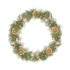 Fototapeta na wymiar Christmas Boho Wood Wreath With Ribbon, Bells And Orange Slices
