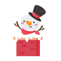 A cartoon of snowman wearing a red scarf emerges from a chimney on the roof on Christmas Day.