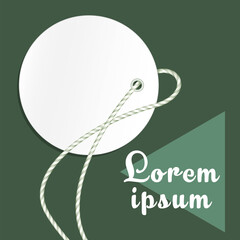 Square background with a sale price tag. Advertising banner with a blank white paper tag and place for text. Round label with rope. Holiday discounts, special offers, and sales.