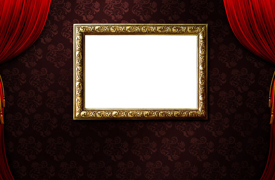 Empty wooden frame photo on red curtain stage background. Vintage photo frame on drake background. Antique golden frame. Realistic mockup for presentation. 3D rendering.