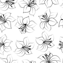 Black and white seamless pattern with the image of a Lily flower. Design for fabric and Wallpaper decoration. 