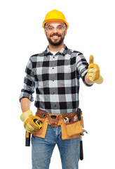 profession, construction and building - happy smiling male worker or builder in helmet and goggles...