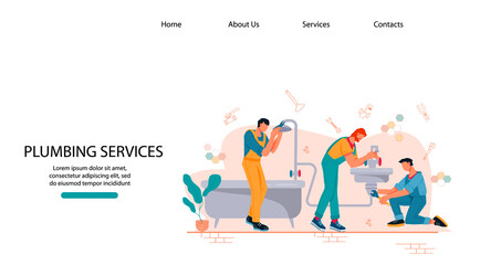 Plumbing website page template with plumbers team characters working with pipeline, flat vector illustration. Emergency service of water supply and sewerage.
