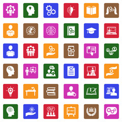 Knowledge And Thinking Icons. White Flat Design In Square. Vector Illustration.
