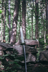 Fototapeta na wymiar An elven girl with a katana in her hands is walking through the forest and preparing for battle