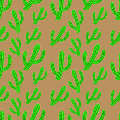 seamless pattern with different cactus plants on a brown background