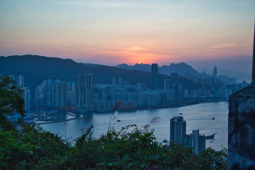 sunset over the sea of Victoria Harbour from Devil's Peak, Yau Tong, Hong Kong