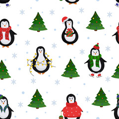 winter new year Christmas seamless pattern with penguins and Christmas tree. New year pattern in flat style with penguins in sweaters, hats, ice skates, scarves with gifts and décor