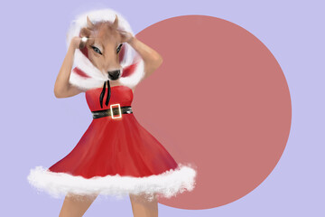 Digital illustration of a beautiful cow in a Santa Claus costume for celebration design. .Banner design.