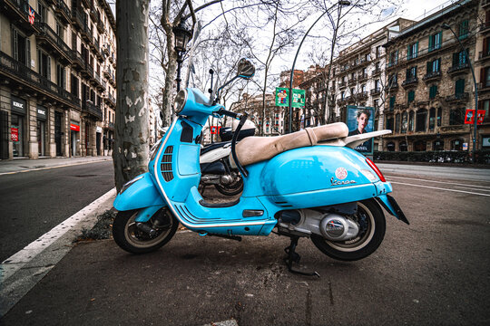 Barcelona, Catalonia, Spain - 11 feb 2020: Blue vespa scooter