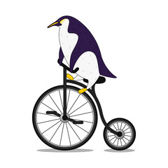 Cute cartoon penguin riding a bicycle in flat style. Print t shirt design. Vector illustration EPS10