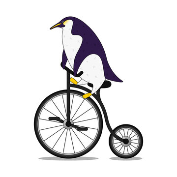 Cute cartoon penguin riding a bicycle in flat style. Print t shirt design. Vector illustration EPS10