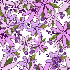 Simple cute floral bouquet vector pattern with small and medium flowers and leaves.