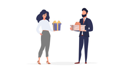 The girl and the guy are holding gifts. Woman and man with gifts in their hands. Isolated, vector.