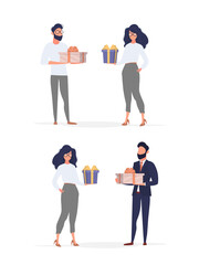 Set of people with gifts. Good for design on the theme of holidays, new year, Valentine's Day or birthdays. Isolated. Vector.