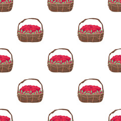 Seamless pattern with a basket of roses. Suitable for backgrounds, postcards, and wrapping paper. Vector.
