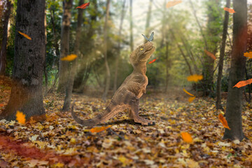 Cute baby tyrannosaurus rex in a wood with falling leaves. Butterfly resting on the muzzle. Concept of tranquility and peace in a magical atmosphere