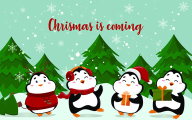 Cute penguins near the Christmas tree with gifts.
Vector illustration.
For website or banner