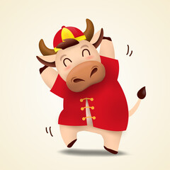 Happy Chinese new year 2021 Ox zodiac. Cute cow character in red costume.