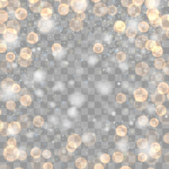 Festive gold luminous transparent background. Holiday banner with snow, golden bokeh and lights. Christmas template for party, design, decor. Vector illustration.