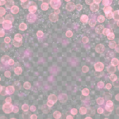 Festive pink luminous transparent background. Holiday banner with purple bokeh and lights. Valentines Day template for party, design, decor. Vector illustration.