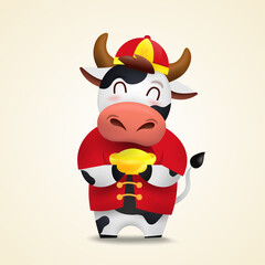 Happy Chinese new year 2021 Ox zodiac. Cute cow character in red costume.