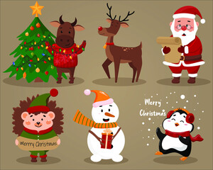 A set of Christmas and New Year characters.
Bull, Santa Claus, snowman, deer, penguin and hedgehog.
For stickers, cards and banners.