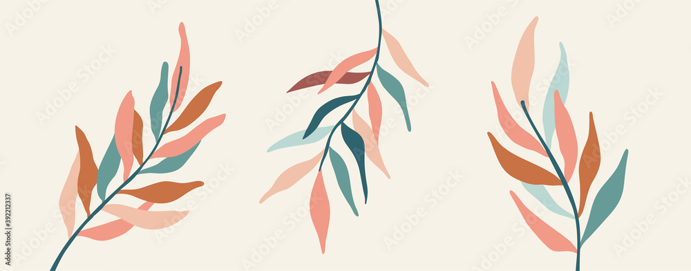 Poster Vector illustration in simple flat style with copy space for text - background with plants and leaves - backdrop for greeting cards, posters, banners and placards