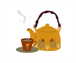 Vintage Card with ornamented teapot, ceramic cup. Warm and cozy hand drawn vector illustration with kettle and mug with hot beverage. 
Elements for greeting cards, posters, stickers, seasonal design.