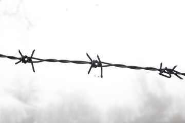 Barbed wire against grey foggy sky. No access, trespassing or freedom concept.