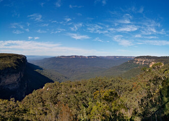Beautiful view of deep valleys and tall mountains, Wentworth Falls Lookout, Blue Mountain National Park, New South Wales, Australia
