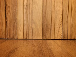 Teak wood floor and wood walls. Interior and background concept.