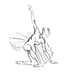Fototapeta premium A Young Ballerina. Freehand Drawing of a Ballet Dancer Girl. Vector Illustration of a Dancing Woman. Monochrome Sketch of a Dancing Jump. Classical Choreography Style. Free Hand Draw. Realistic Style.