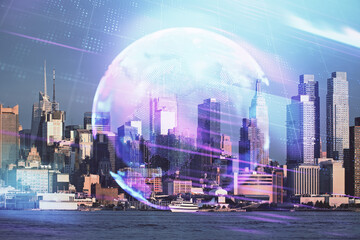 Double exposure of technology theme hologram and cityscape background. Concept of Hightech.