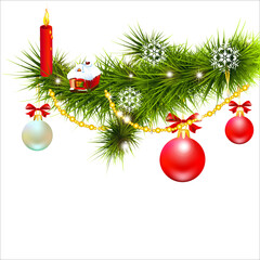 Christmas garland, balls,red bows, on a white
